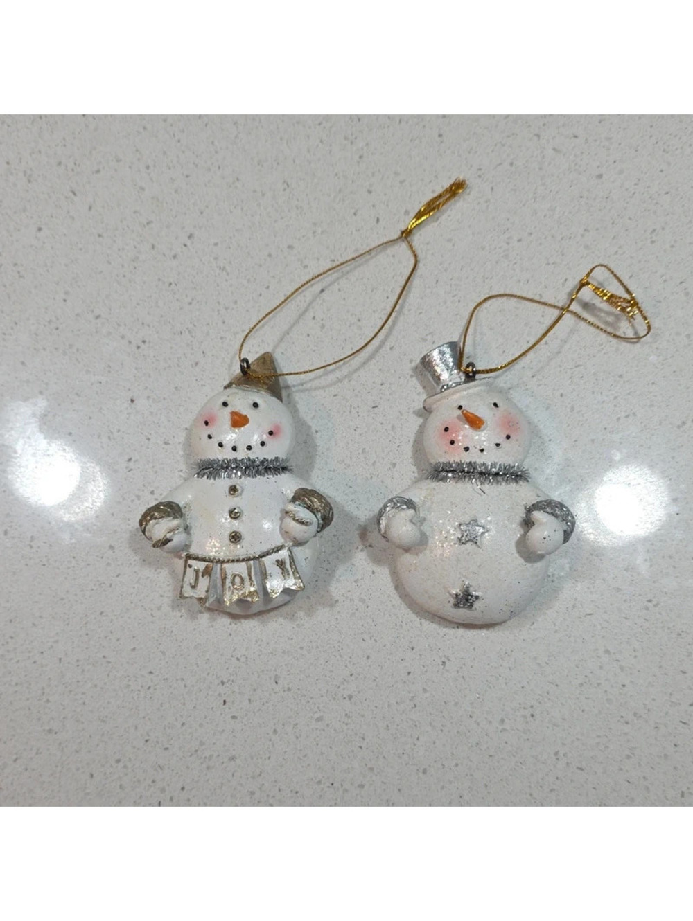 Set of 2 Vintage Snowman Christmas Ornaments with Joy Banner and Silver Accents